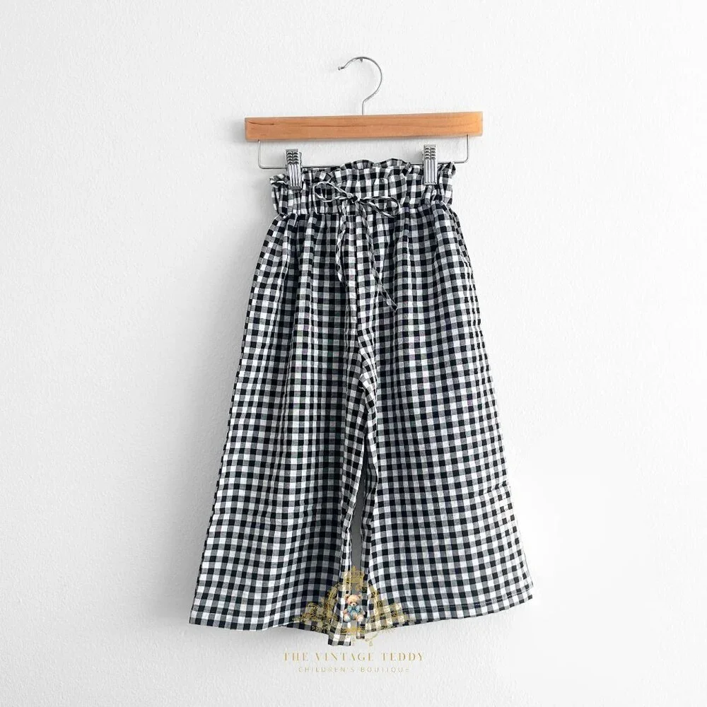NWT Pretty Little Girls Wide Leg Pants Relaxed Fit Gingham Black & White 18-24M